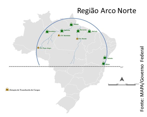 Mapa da Região Arco Norte, que fica acima do paralelo Sul 16°